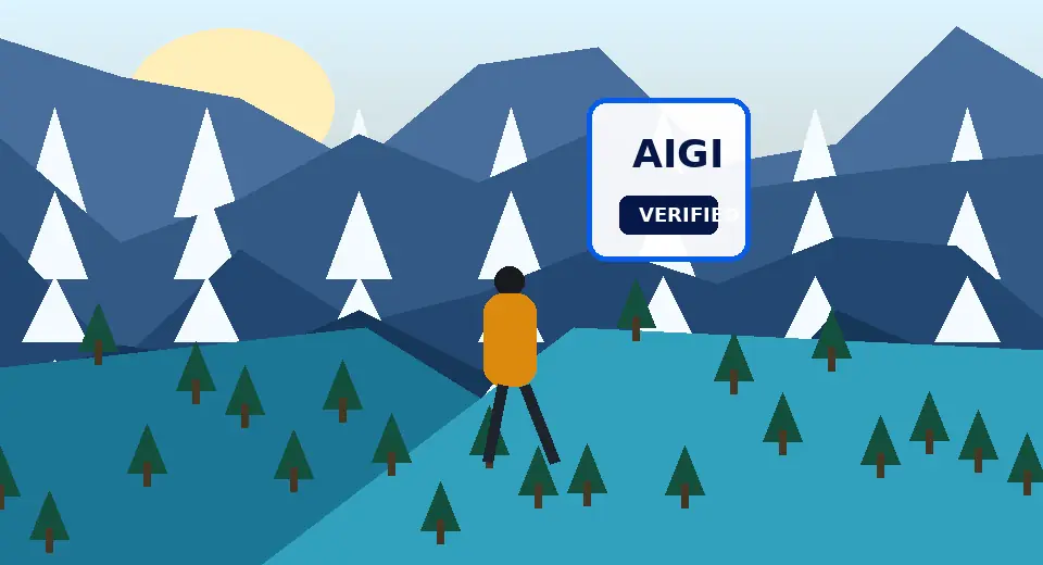 AIGI Verified AI mountain image with verification proof card